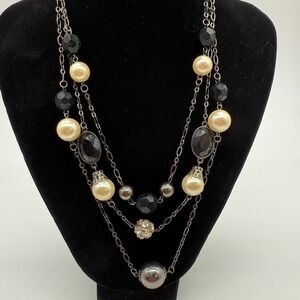 Black & Beige Faux Pearl Beaded‎ Layered Necklace Women's Fashion Jewelry